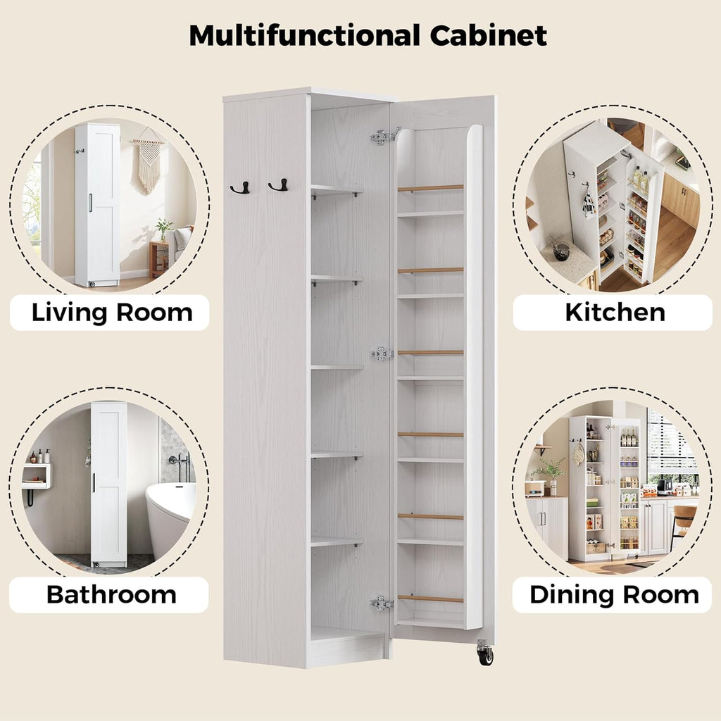 IRONCK Narrow Kitchen Pantry Storage Cabinet, 72" Slim Single Door with 6 Adjustable Shelves, Door Rack and Wheels, Space Saving Freestanding Storage Floor Cabinet for Small Place, White