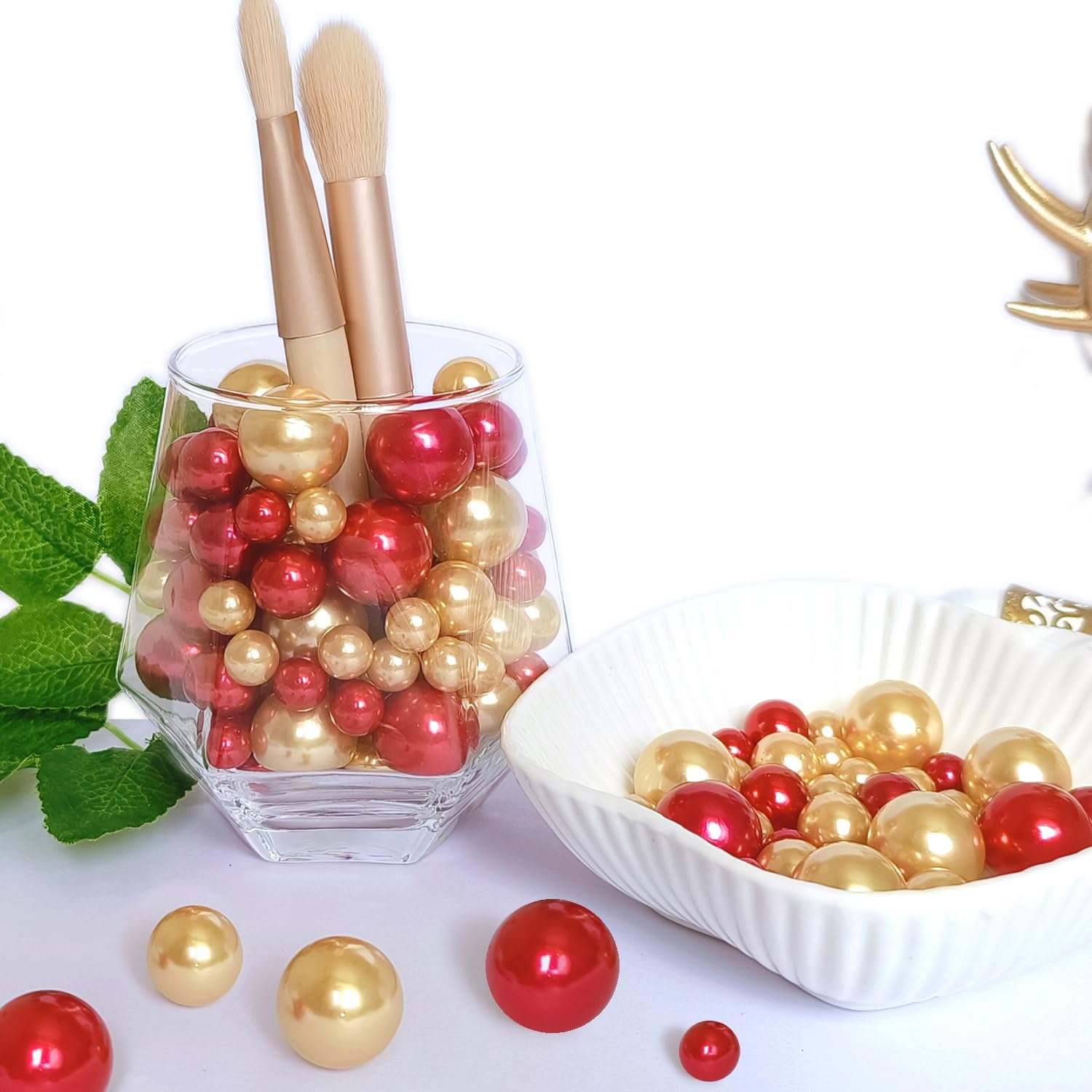 Floating Pearl for Vase Filler No Hole Floating Pearl Beads for Wedding Centerpiece Home Table Decor, Pearls for Brush Holder 130PCS (Gold, Red)