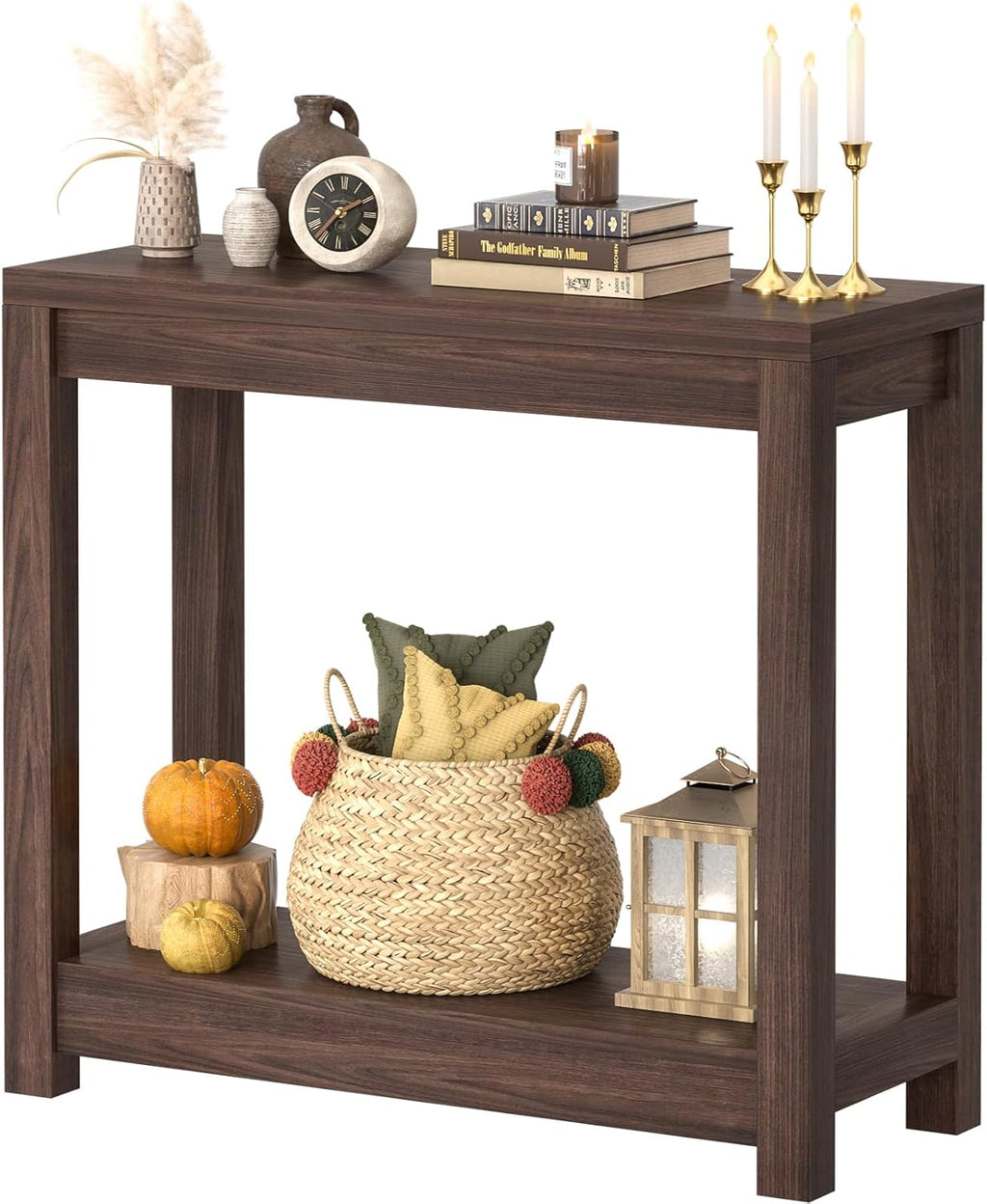 Besiost Small Farmhouse Wood Entryway Table Narrow Console Table with Storage Behind Couch Sofa Table with Shelves Entry Way Tables with Open Storage, Easy Assembly, 32" Black Walnut