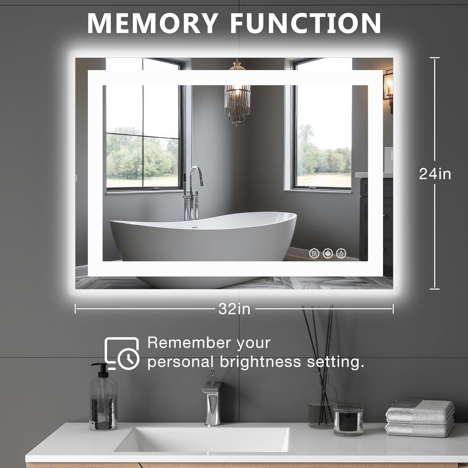 DUMOS 24.1"x32.1" LED Bathroom Mirror, Smart Anti-Fog Bathroom Vanity Mirror with Front Light & Backlit, 3 Color Temperatures, Dimmable, Memory Function