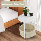 Homy Casa Modern Round End Table with Fabric Basket, Small Side Table Nightstand for Bedroom Nursery with Fabric Storage Basket for Living Room and Bedroom, White