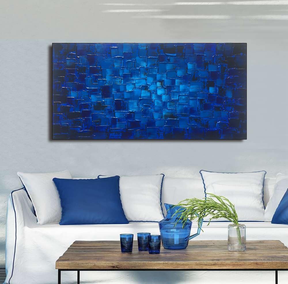 MyArton Textured Abstract Squares Canvas Wall Art Hand Painted Modern Dark Blue Oil Painting Picture for Home Decoration Ready to Hang 40x20inch