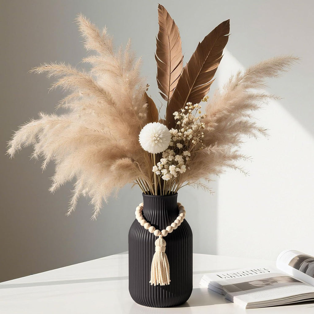 JOHOUSE Black Ceramic Vase, 7.9 Inch Tall Boho Ribbed Vase with Wooden Beads Tassel for Pampas Grass, Wedding Centerpiece, Coffee Table, Bedroom & Apartment, Neutral Farmhouse Decor