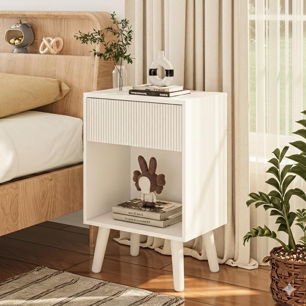Modern Fluted Nightstand with 2 Storage Drawers Wood Bedside Table with Open Shelf & Solid Wood Legs, Sophisticated End Table for Living Room & Bedroom, Elegant Ribbed Detail Side Table (White)