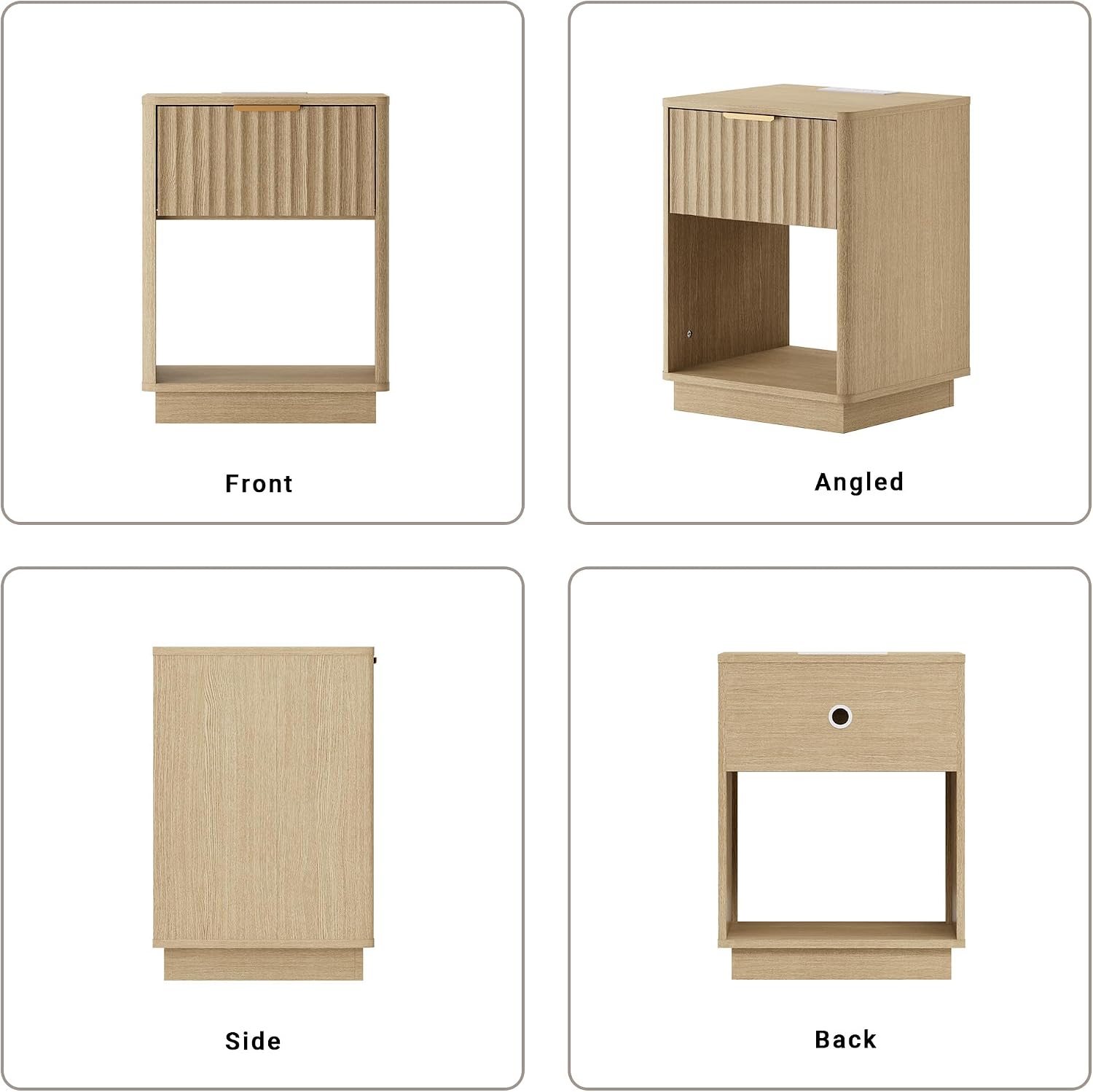 Fluted Nightstand with Charging Station, 18" W Night Stand with Metal Handle, FSC-Certified Wood, Modern End Table w/Storage, Bedside Table for Bedroom, Curved Profile Design, Natural Oak