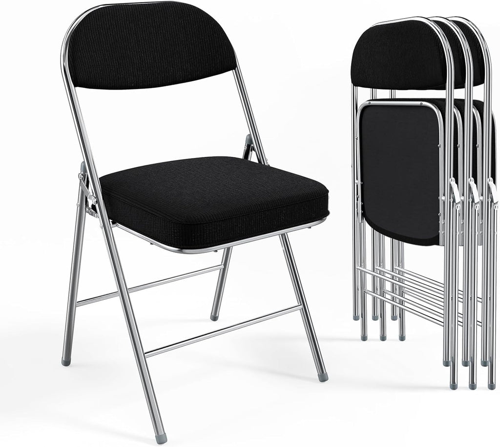 VINGLI 4 Pack Folding Chairs with Padded Seat & Backrest, Metal Frame, Durable Corduroy Fabric, 350 lbs Capacity, Set of 4, Black – Ideal for Weddings, Parties, Office Events