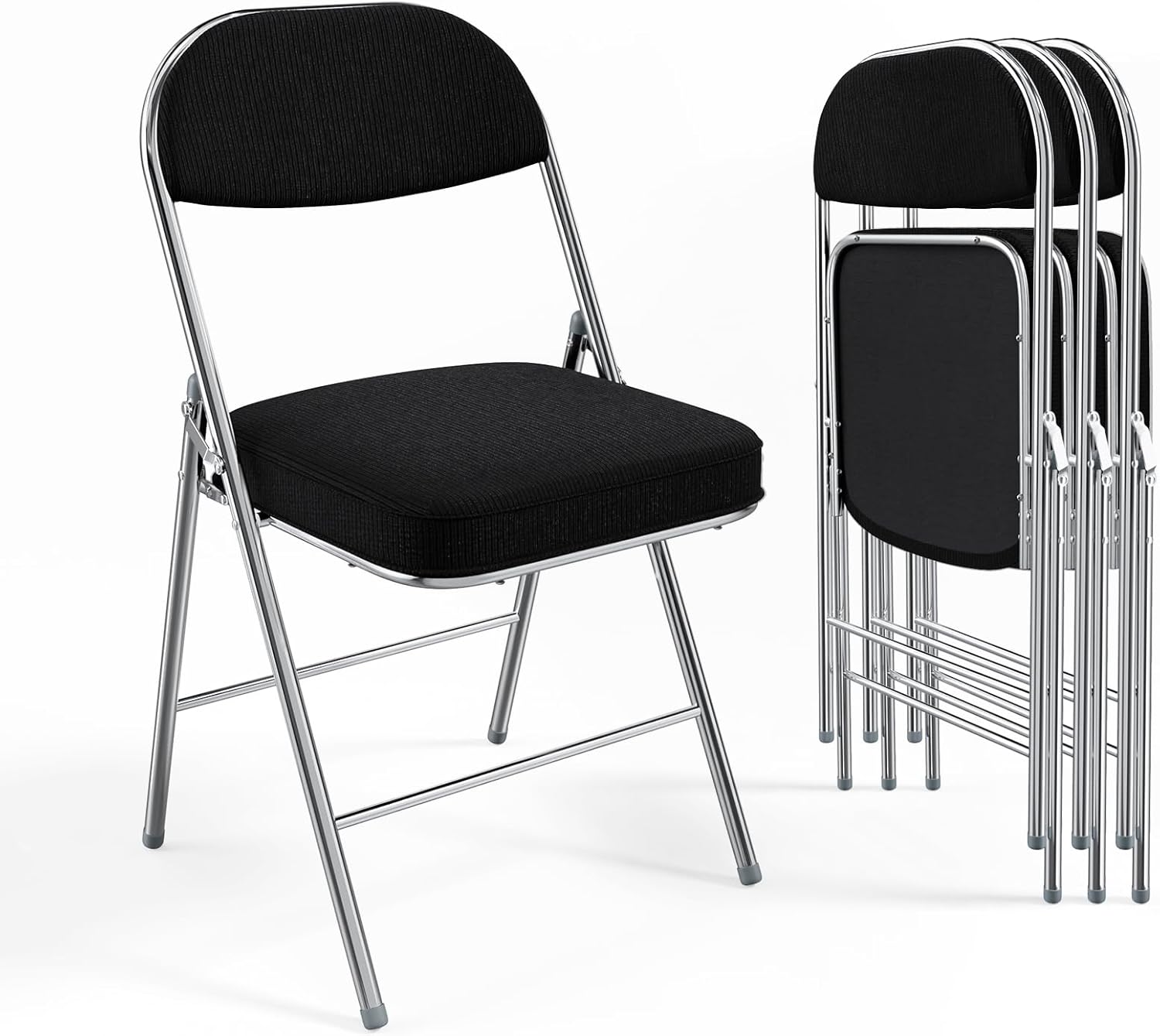 VINGLI 4 Pack Folding Chairs with Padded Seat & Backrest, Metal Frame, Durable Corduroy Fabric, 350 lbs Capacity, Set of 4, Black – Ideal for Weddings, Parties, Office Events