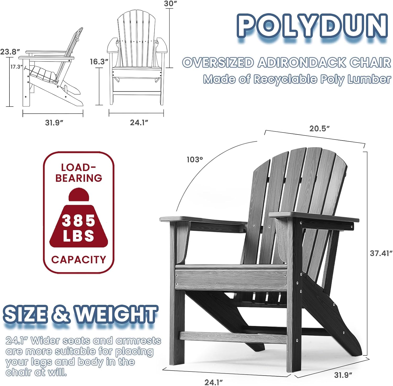 Farmhouse Adirondack Chair Wood Texture, Poly Lumber Patio Chairs, Pre-Assembled Weather Resistant Outdoor Chairs for Pool, Deck, Backyard, Garden, Fire Pit Seating, Slate Gray