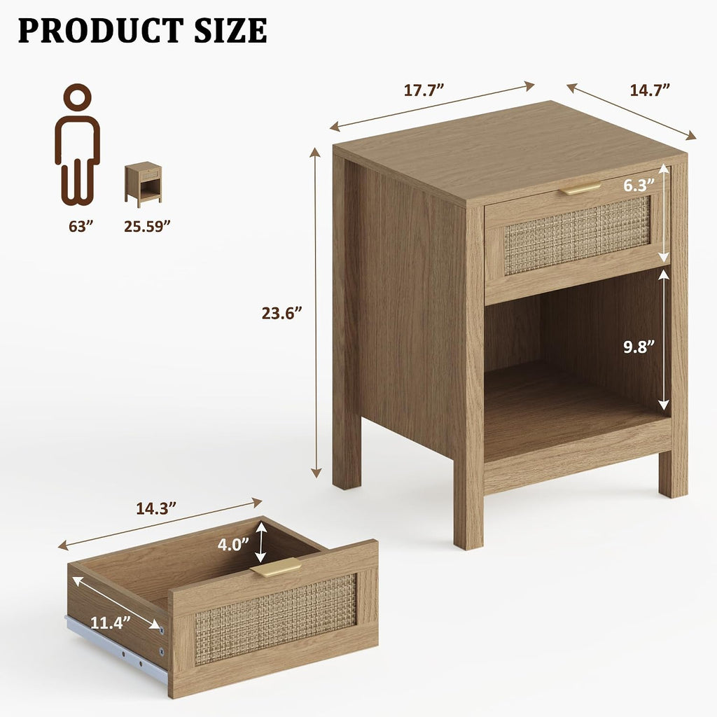 Fluted Farmhouse Nightstands Set of 2, Night Stand with Drawer and Storage Shelf, Teslin Wooden End Table for Living Room, Side Table for Bedroom, Natural Oak