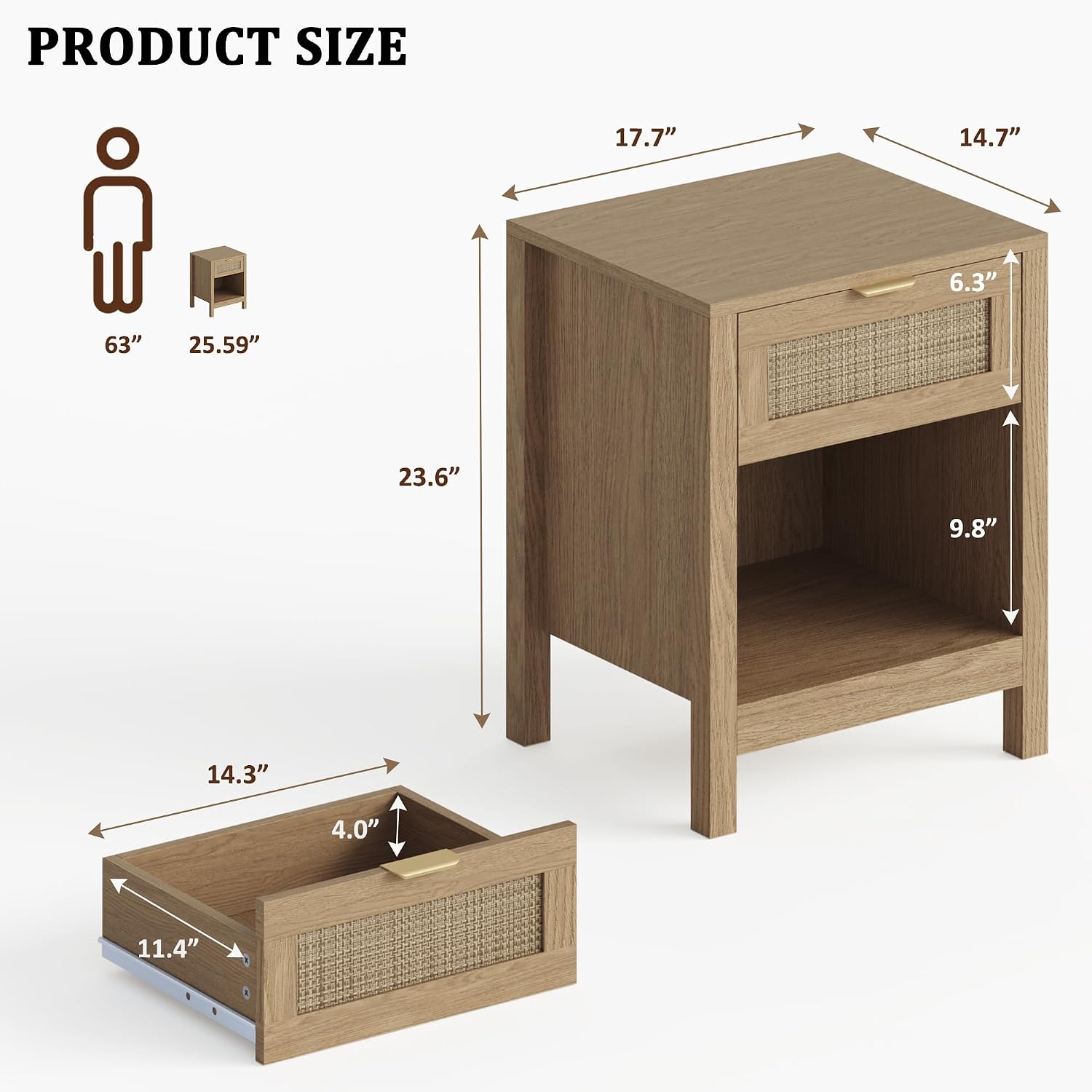 Fluted Farmhouse Nightstands Set of 2, Night Stand with Drawer and Storage Shelf, Teslin Wooden End Table for Living Room, Side Table for Bedroom, Natural Oak