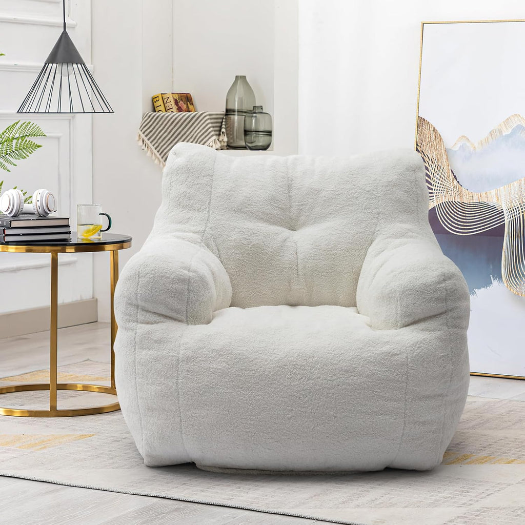 Hommoo Bean Bag Chair Large Bean Bag Chair for Adults with Armrest Comfy Bean Bag Sofa with Foam Filling Fluffy Lazy Chair Soft Teddy Fabric Tufted Bean Bag for Dorm Bedroom Gaming White