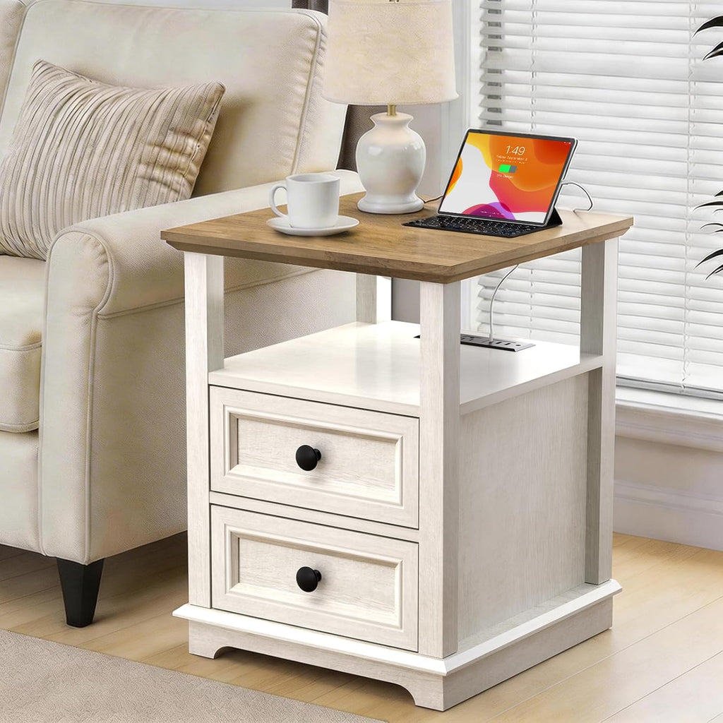 End Table with USB C Charging Station, 18" Wide Side Table with 2 Drawers, Farmhouse Nightstand, Space-Saving Table for Living Room, Bedroom, Office (1, Rustic White)