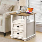 End Table with USB C Charging Station, 18" Wide Side Table with 2 Drawers, Farmhouse Nightstand, Space-Saving Table for Living Room, Bedroom, Office (1, Rustic White)