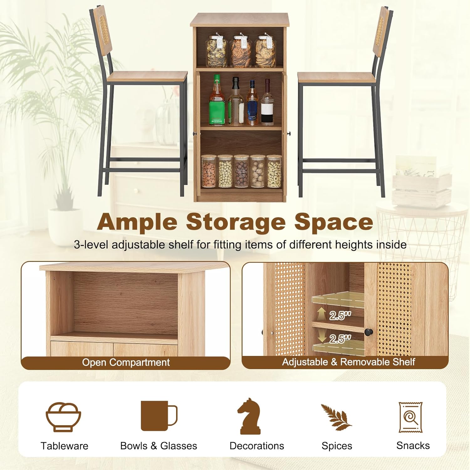 COSTWAY 3-Pcs Kitchen Table & Chairs Set, High Top Bar Table with 2 Stools, Storage, Adjustable Shelf, Metal Frame, Counter Height Dining Room Set for 2, Boho Rattan Table Set for Living Room, Study