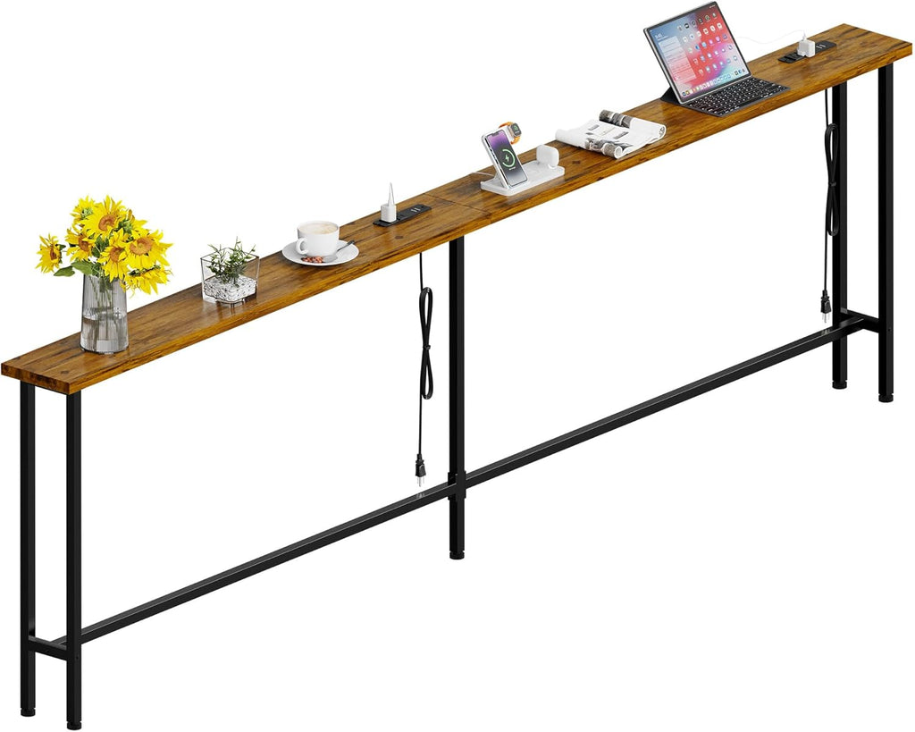 GRLEAF 90" Sofa Table with Built-in Power Strip (4 AC Outlets & 4 USB Ports) – 4.9ft Power Cord, Metal Frame, Easy Assembly, Long Couch Table Behind Sofa, Living Room and Home Office | Rustic Brown