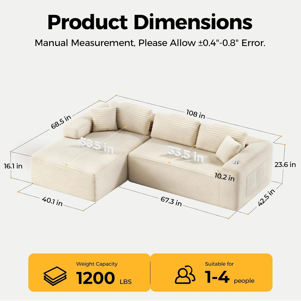 CAMMOO 108" Boneless Couch in One Box, Cloud Couches for Living Room, Beige | Compressed in One Box, Corduroy Boneless, Deep Seat, 4 Storage Pockets, L-Shaped Modular