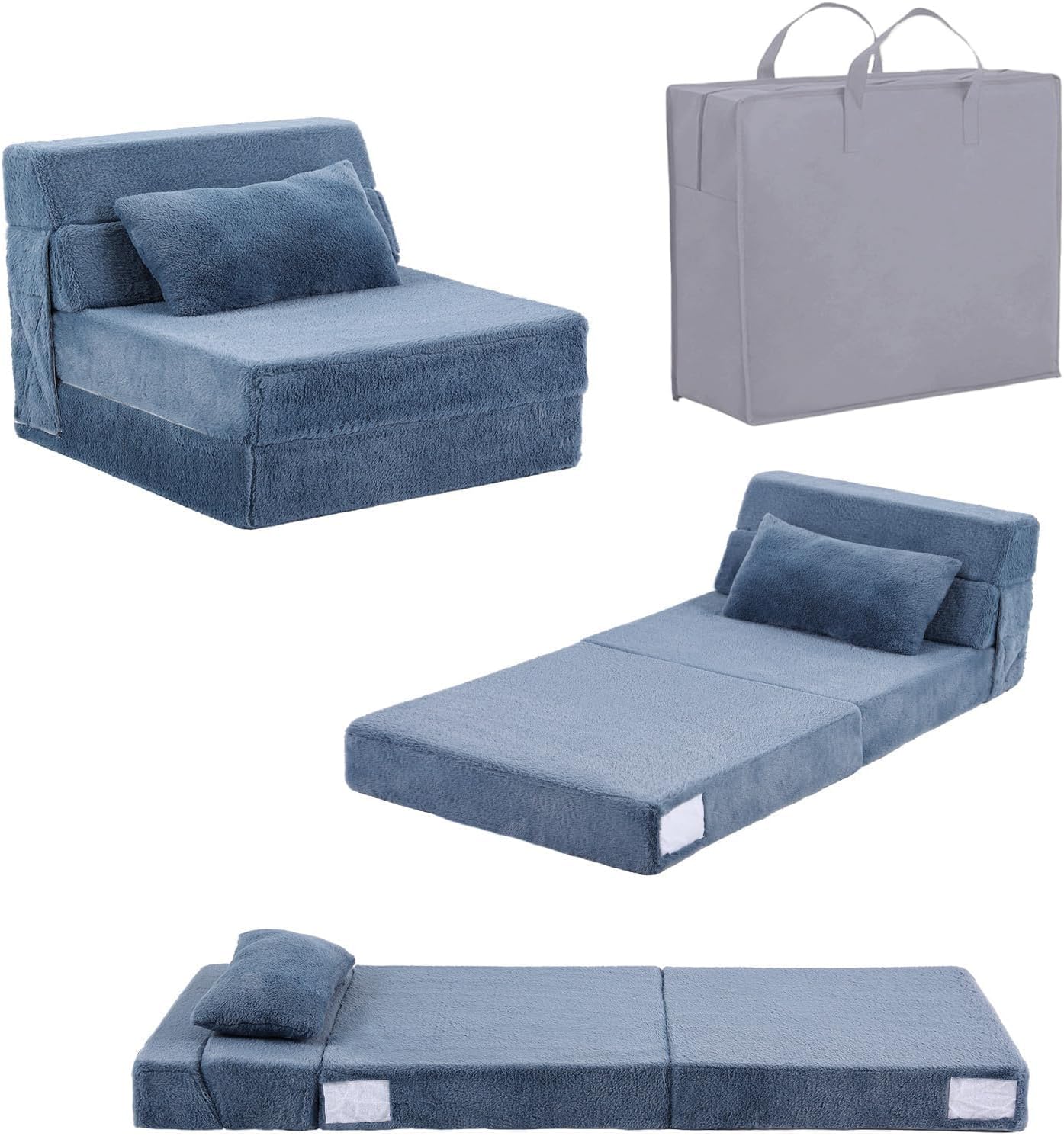 Tiita Convertible Folding Kids Sofa Bed with Pillow & Storage Bag, Plush Fabric Floor Mattress Couch Bed, Washable Cover, Kids Room, Playroom, Dorm, Apartment, Blue Grey