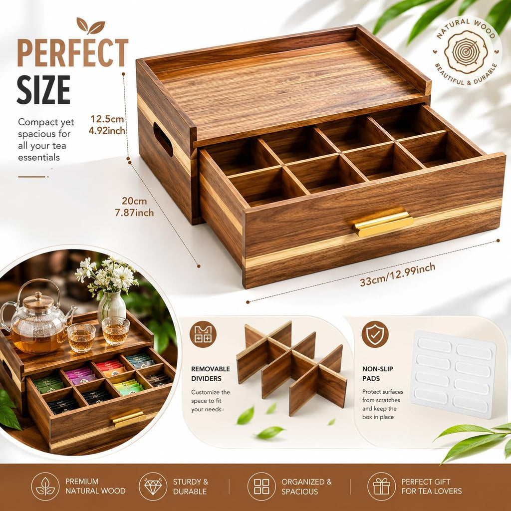 Acacia Wood Tea Bag Organizer 8 Compartment Storage Box & Organizer with Drawer Tea Bag Holder Container Chest,Coffee Station Sugar Packet Display for Countertop, Pantry, Office Cabinet