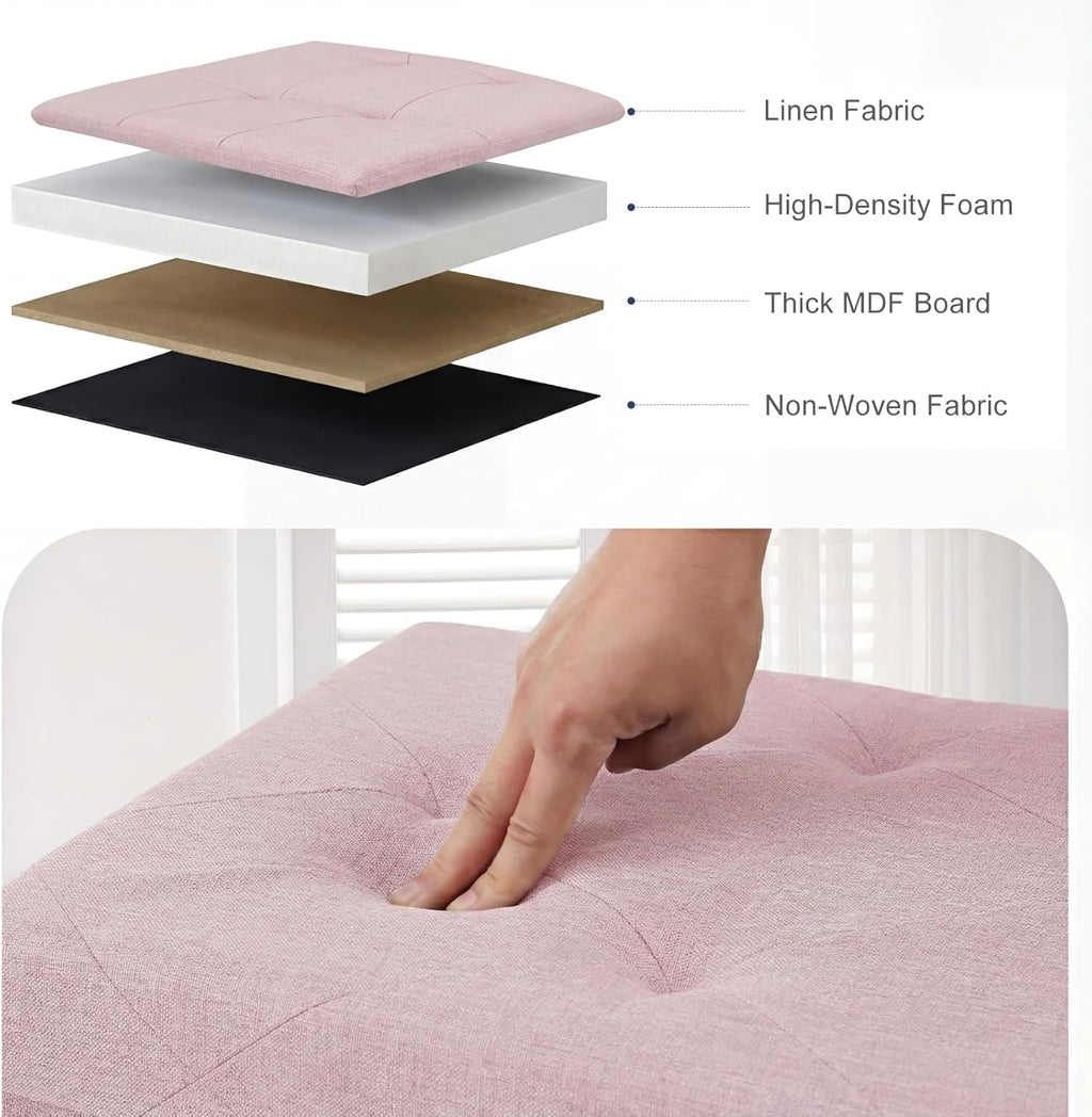 DUMOS 43in Foldable Storage Ottoman Bench, Storage Chest, Large End of Bed Foot Rest Stool with Padded Seat, Bedroom Bench for Living Room, Support 660lbs, Pink