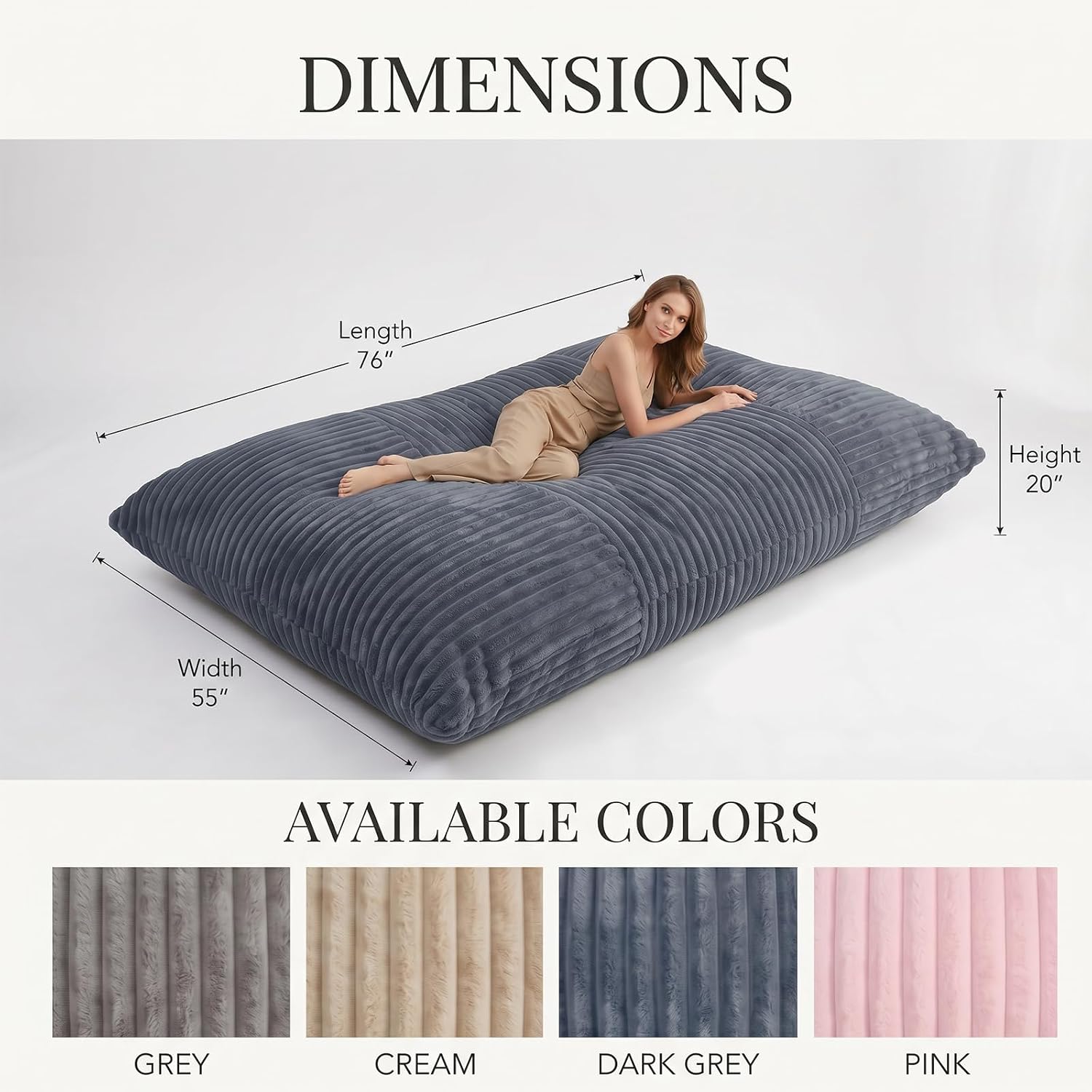 3 in 1 Bean Bag Chair with Memory Foam Filler, Beanbag Chairs for Adult with Washable Cover, Fluffy Oversize Bean Bag Chair Reading Lounger for Bedroom & Living Room (Dark Grey)