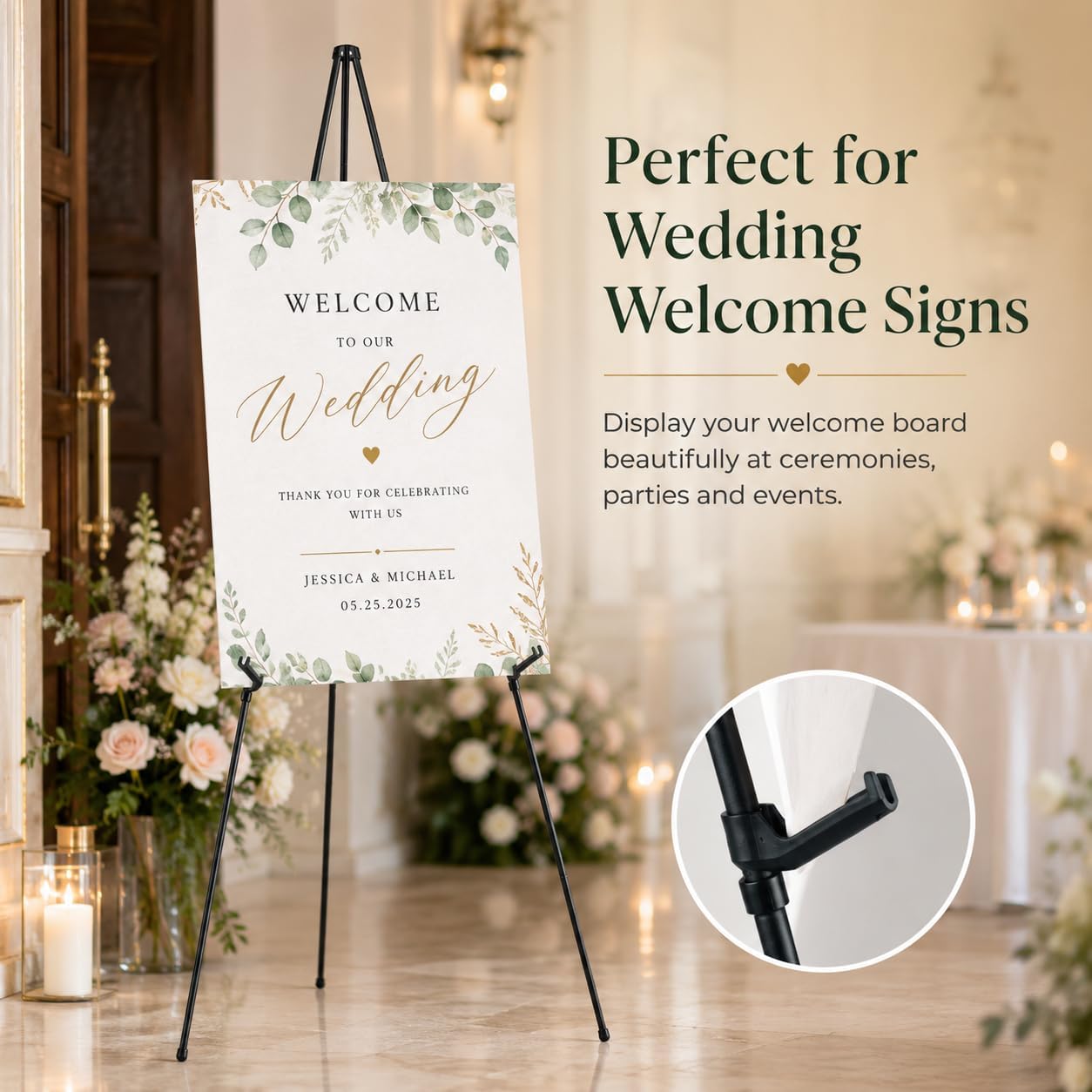 RRFTOK Easel Stand for Sign,63'' Instant Lightweight Portable Ground Easel for Wedding Sign and Poster Display Stand, Metal Tripod with Portable Bag,1-Pack.