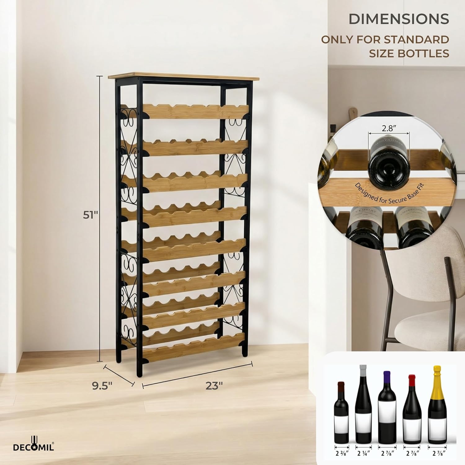 DECOMIL 48 Bottle Wine Rack, Freestanding Floor Storage Organizer with Real Bamboo Shelves, Metal Frame, Top Shelf, Easy Assembly, Fits Standard Bottles, 51 x 23 x 9.5 in
