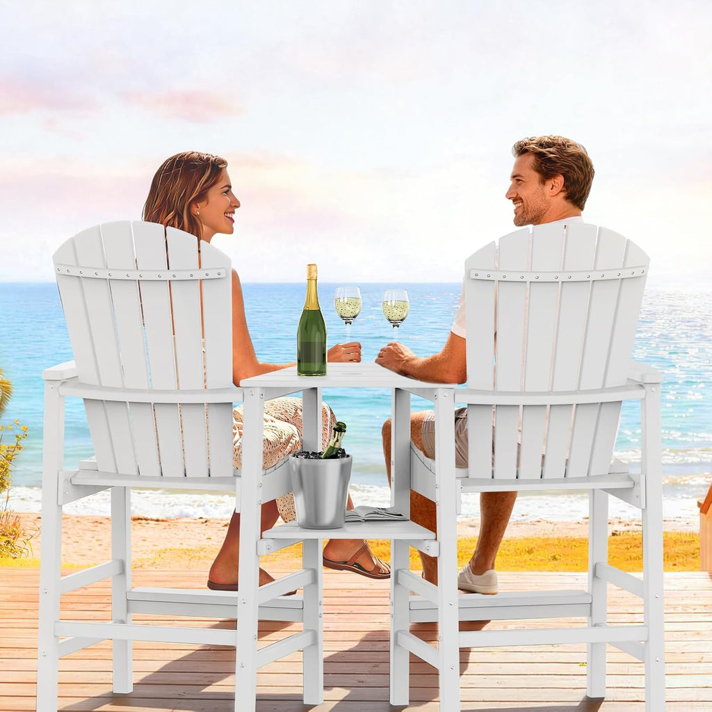 VINGLI Tall Adirondack Chairs Set of 2, All Weather HDPE Bar Height Adirondack Chair with Double Trays, Adirondack Barstools for Balcony, Poolside, Backyard and Patio (White)