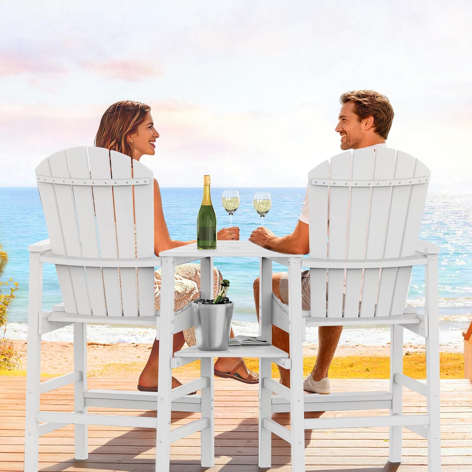 VINGLI Tall Adirondack Chairs Set of 2, All Weather HDPE Bar Height Adirondack Chair with Double Trays, Adirondack Barstools for Balcony, Poolside, Backyard and Patio (White)
