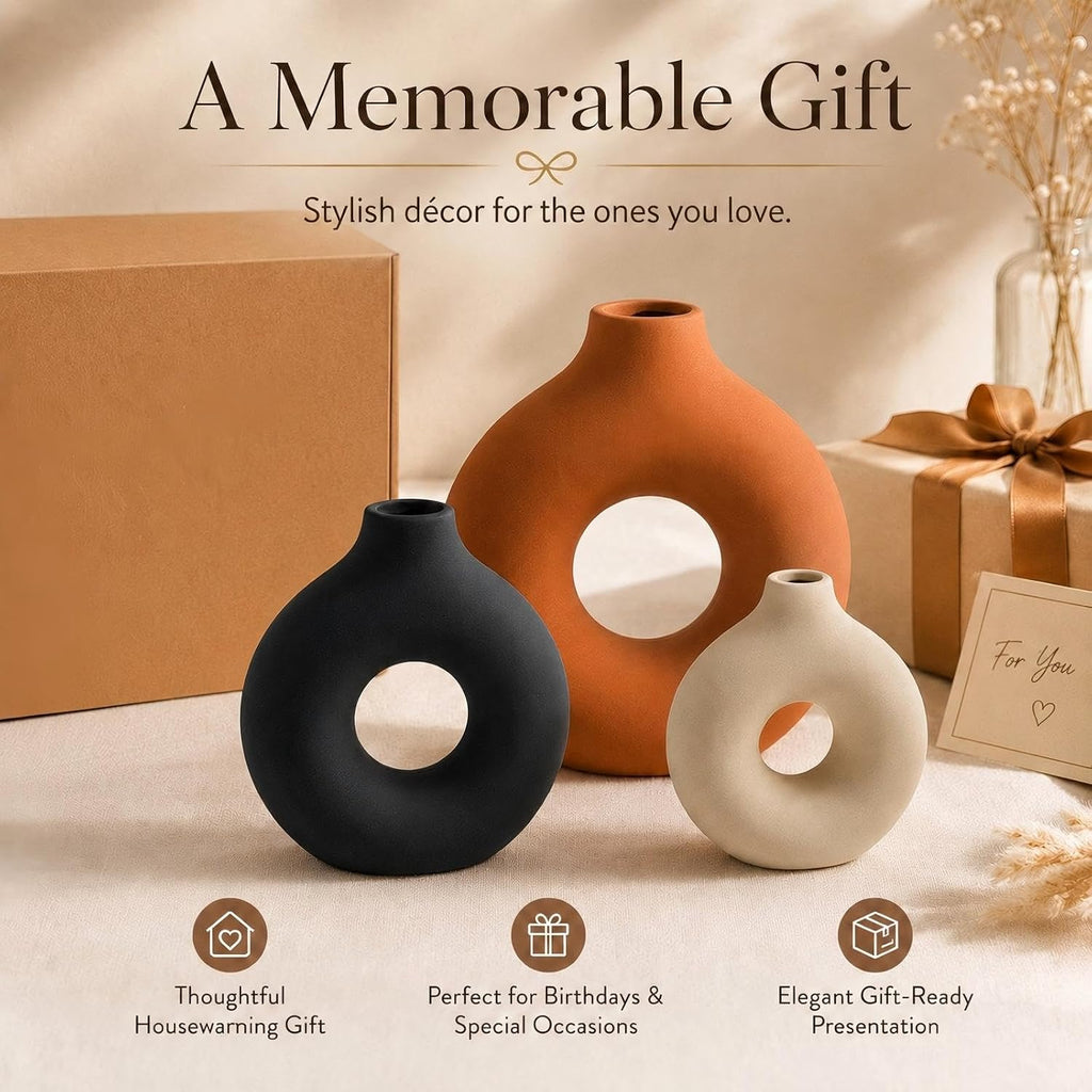 3 Pcs Ceramic Vase Rust for Modern Home Decor Round Circle Matte Boho Donut Vase for Table Decor Living Room Minimalist Nordic, 9.4", 7.7", 5.6"