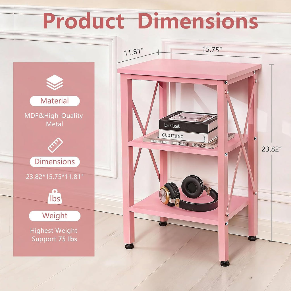 VECELO End Table, 24" Tall Living Room Side Tables, X-Design Reinforced Bedside Table, Nightstands with 3-Tier Storage Shelves for Small Spaces, Office, Bathroom, Bedroom, Pink, 1 Pack