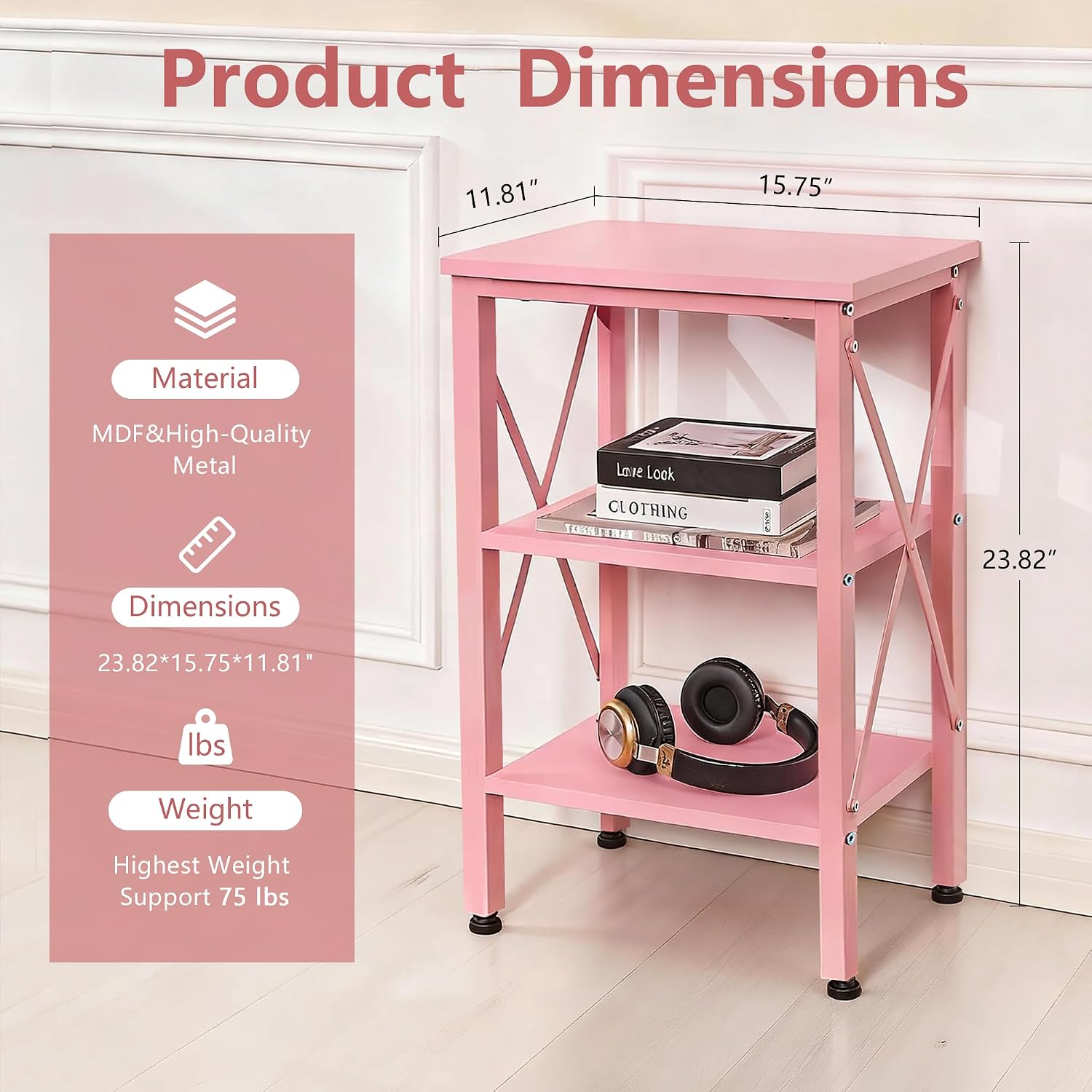 VECELO End Table, 24" Tall Living Room Side Tables, X-Design Reinforced Bedside Table, Nightstands with 3-Tier Storage Shelves for Small Spaces, Office, Bathroom, Bedroom, Pink, 1 Pack