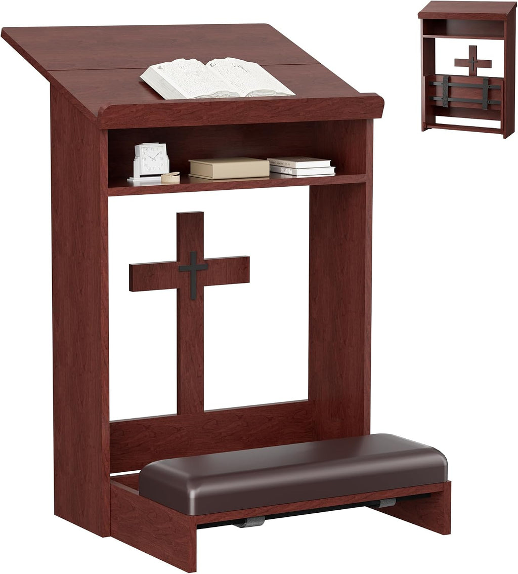 Foldable Prayer Kneeler, Wooden Prayer Bench with Storage Shelf, Cushion Pad, Rounded Corner Bookend and Customizable Cross Decoration, Reinforced Steel Tube Base Design (Mahogany)