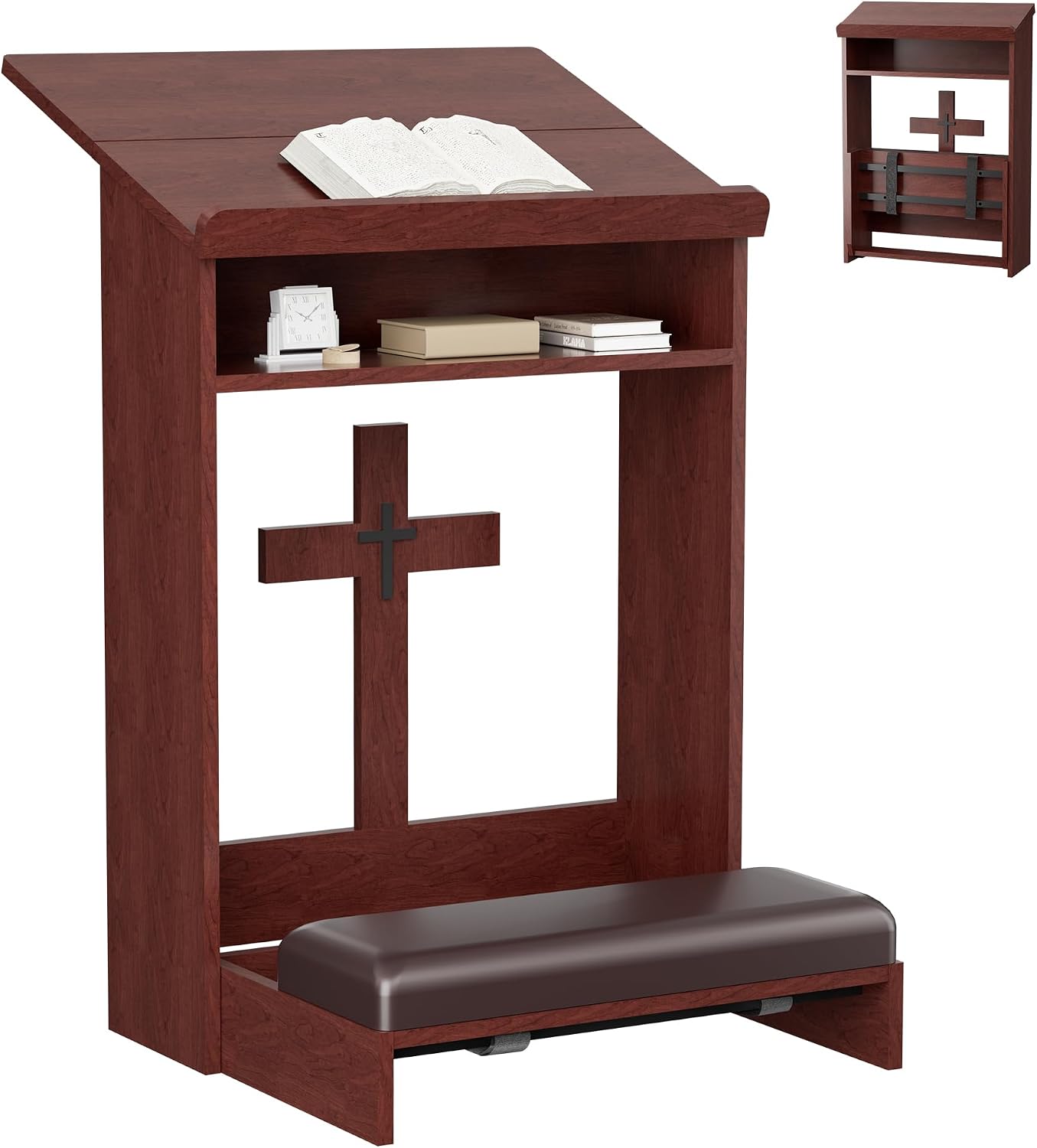 Foldable Prayer Kneeler, Wooden Prayer Bench with Storage Shelf, Cushion Pad, Rounded Corner Bookend and Customizable Cross Decoration, Reinforced Steel Tube Base Design (Mahogany)