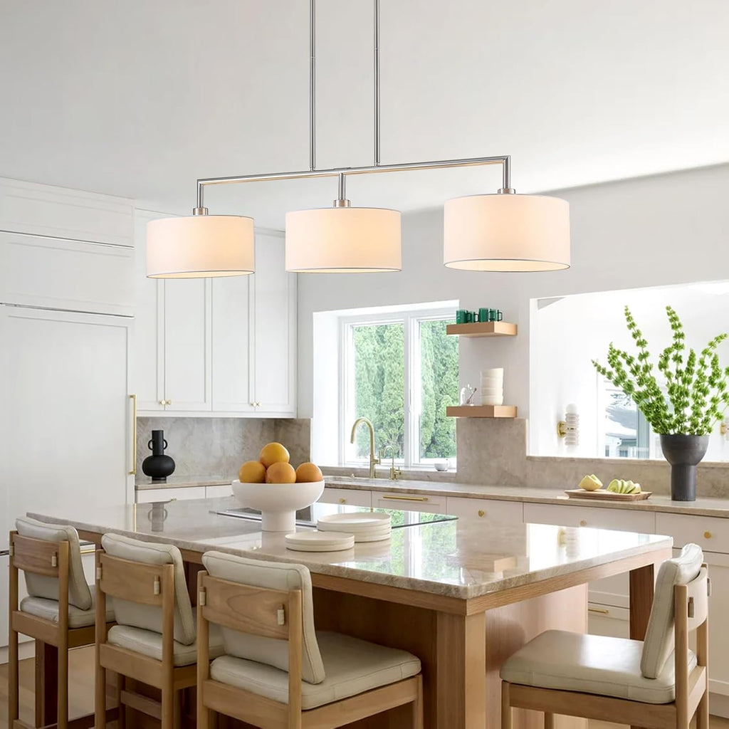 47" Linear Kitchen Island Lighting 3-Light Brushed Nickel Chandelier with White Fabric Drum Shade Adjustable Hanging Pendant Light for Dining Room Light Fixtures Over Table,Kitchen,Bar,Living Room,E26