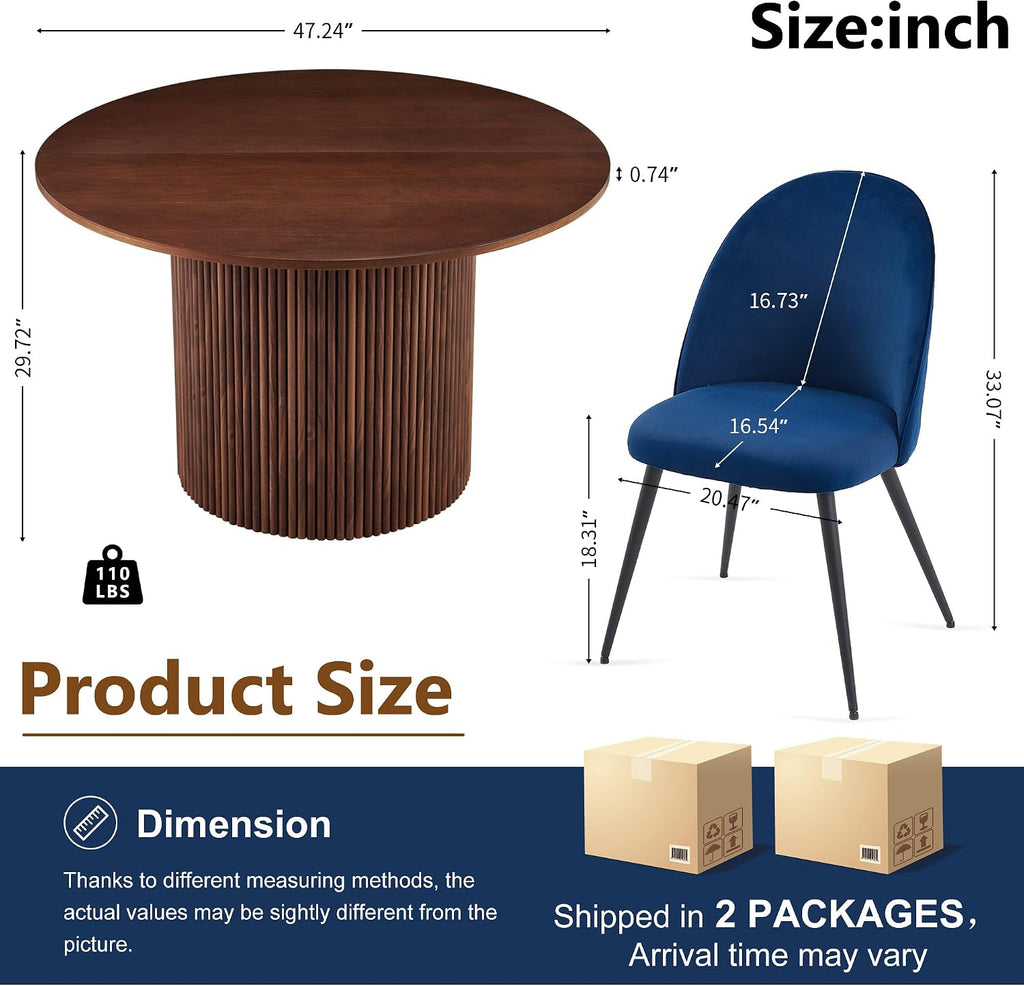 Homedot Round Kitchen Dining Table Set for 4, Modern Breakfast Dinner Dinette Table Set with Navy Blue Dining Side Chairs Upholstered, Mid Century Wooden Dining Set for Dining Room, Reception Room