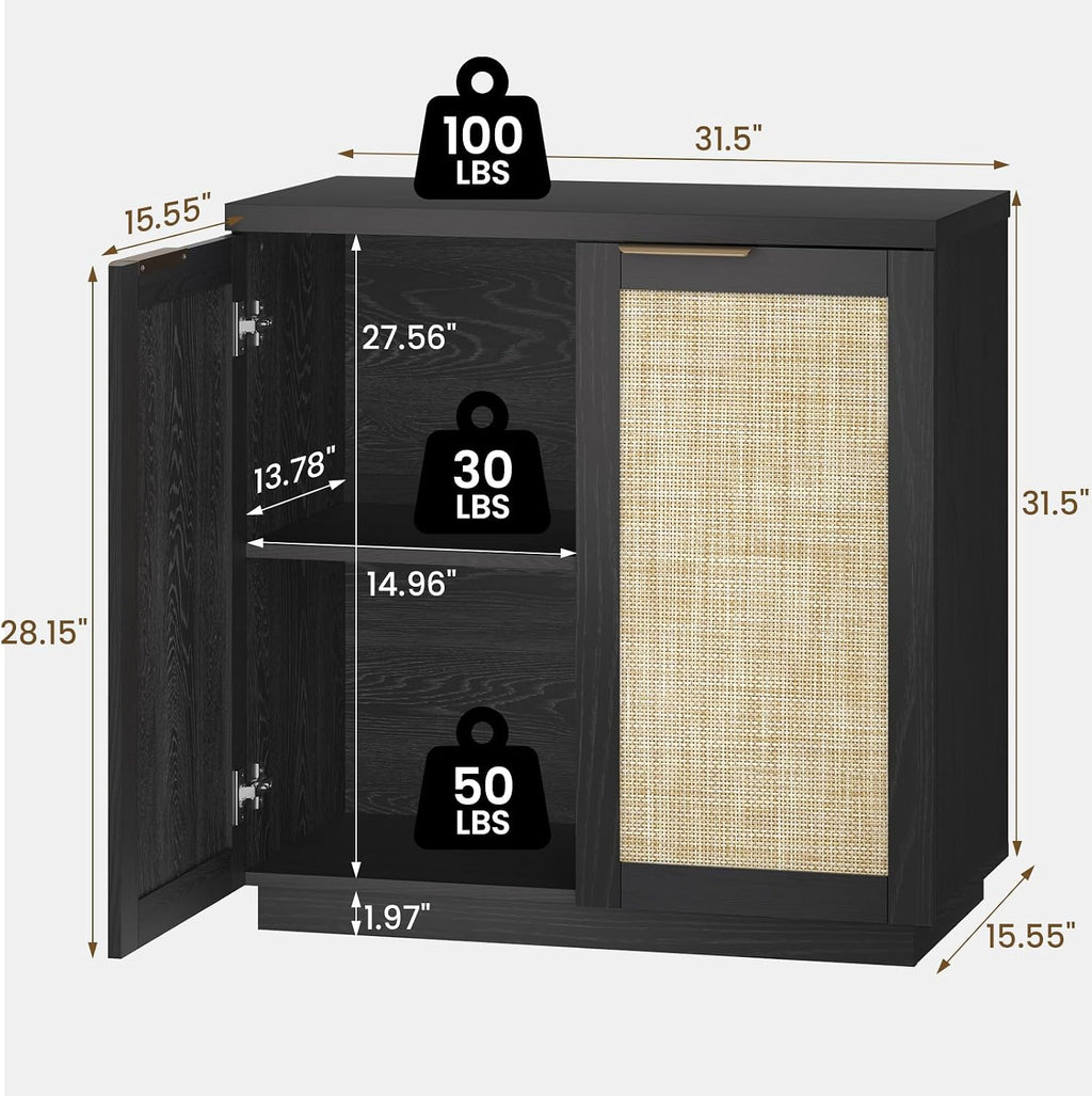 HOMMPA 31.5'' Sideboard Buffet Cabinet with Storage Boho Kitchen Buffet Cabinet with 2 Doors and Adjustable Shelves, Rattan Wood Coffee Bar Cabinets/Table for Living Room, Hallway & Kitchen Black