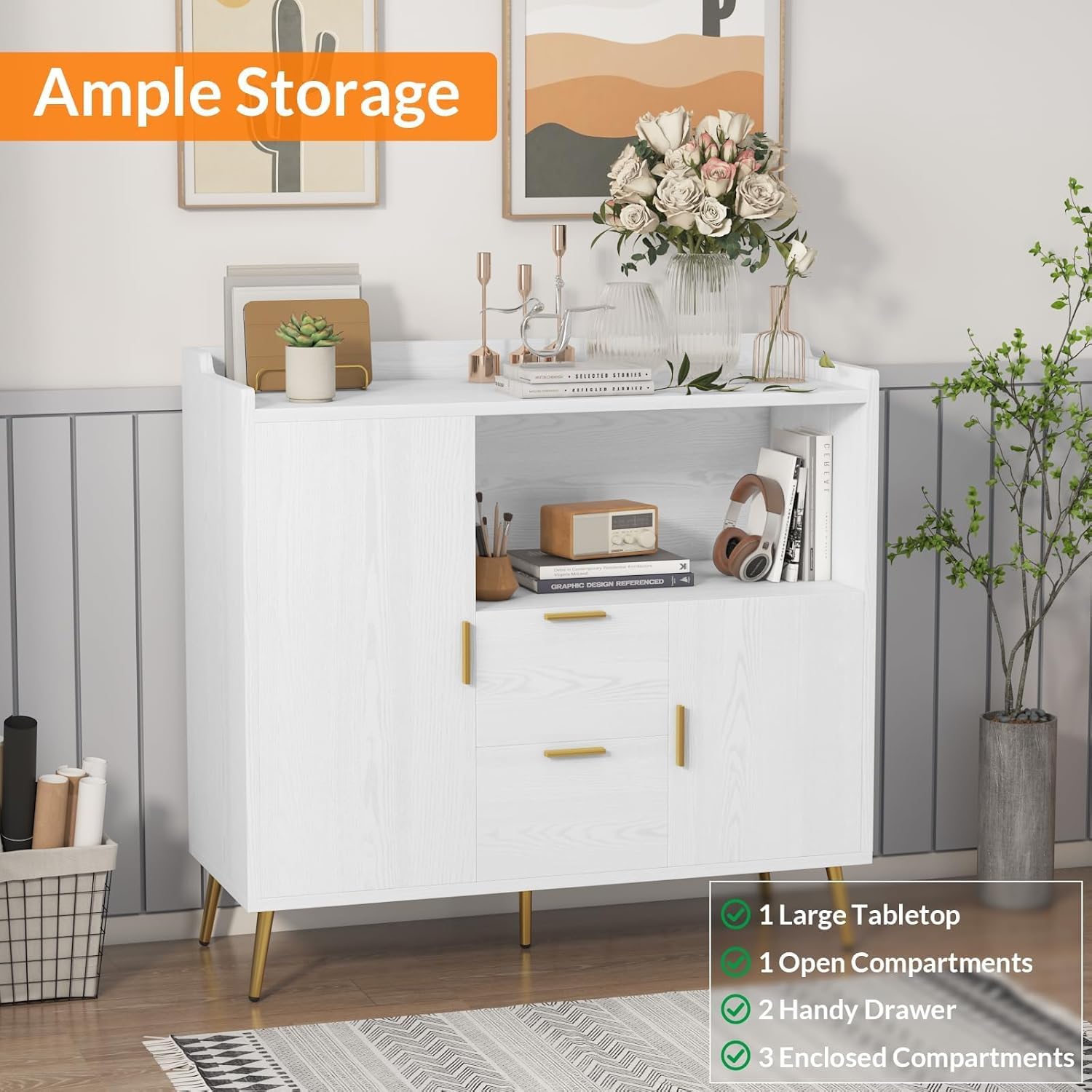 40 Inch Sideboard Buffet Cabinet with Storage & Drawers, Sturdy Wood Kitchen Cabinet with Waterproof Surface for Easy Maintenance