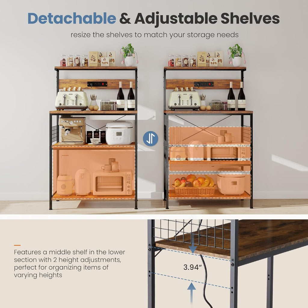DUMOS Kitchen Bakers Rack with Power Outlet, 23.6-Inch Microwave Oven Stand, Coffee Bar Station with 3-Tier Adjustable Storage Shelf, Small Appliance Organizer for Spices, Pots and Pans, Brown
