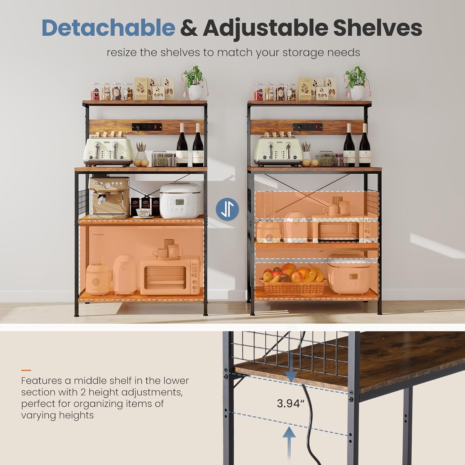 DUMOS Kitchen Bakers Rack with Power Outlet, 23.6-Inch Microwave Oven Stand, Coffee Bar Station with 3-Tier Adjustable Storage Shelf, Small Appliance Organizer for Spices, Pots and Pans, Brown