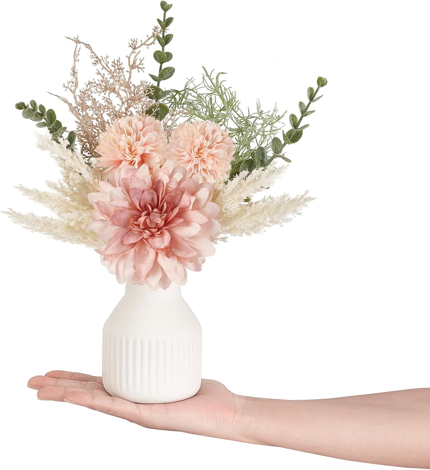 Mkono Small Artificial Flowers in Ceramic Vase 12.5" Centerpieces Coffee Table Decor, Silk Flower Arrangements for Home Decor Indoor Fake Flower Bouquet for Bathroom Dining Room Kitchen Wedding Pink