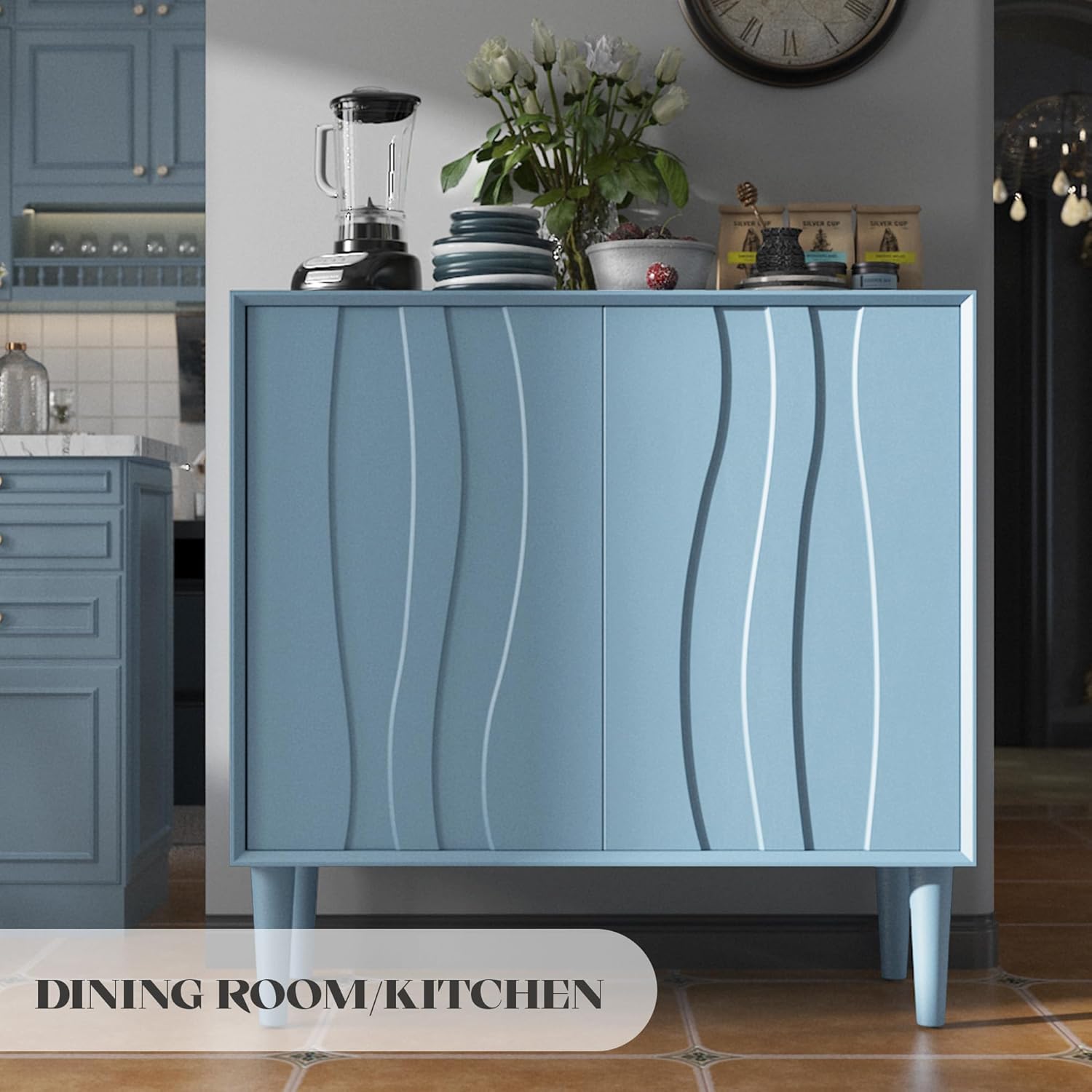 Easyego 31.5" Mid Century Modern Cabinet, Sideboard Buffet Cabinets with 2 Doors, Wood Accent Storage Cabinets with Adjustable Shelves and Line Panels for Living Room, Entry Way, Dinging Room -Blue