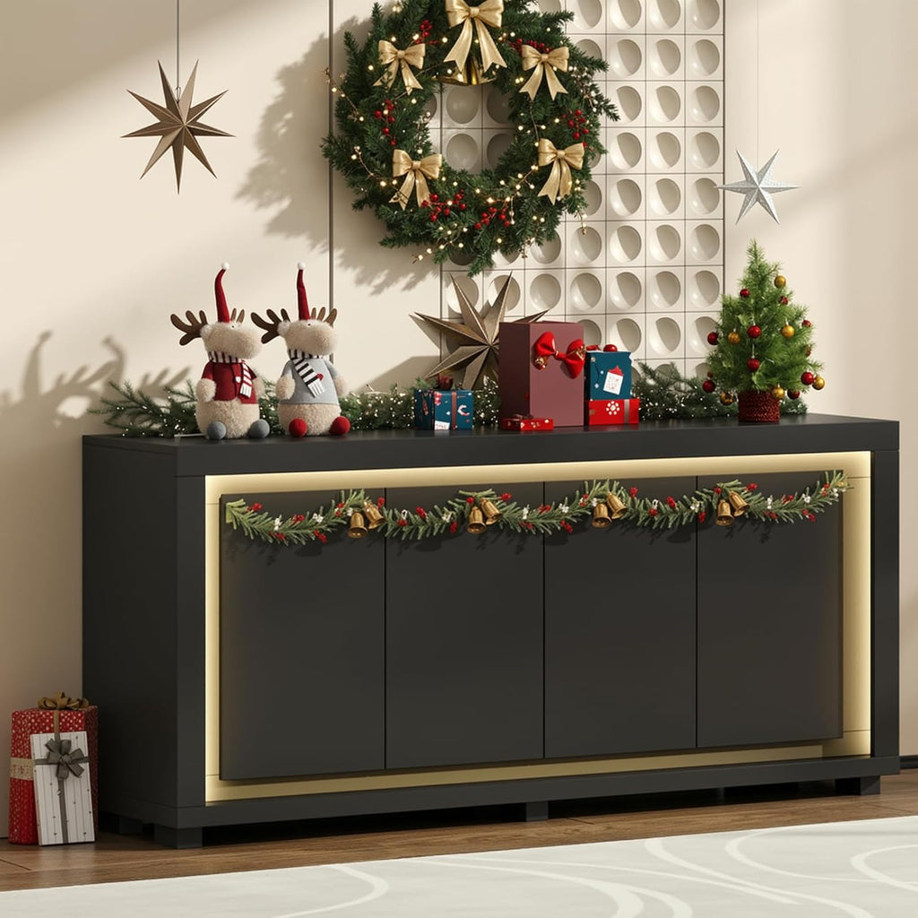 63"Sideboard Buffet Cabinet,Kitchen Buffet Storage Cabinet with Power Outlets & LED Light, Modern Storage Cabinet with 4 Doors,Coffee Bar Console Wine Bar for Living Room,Kitchen,Hallway (Black)