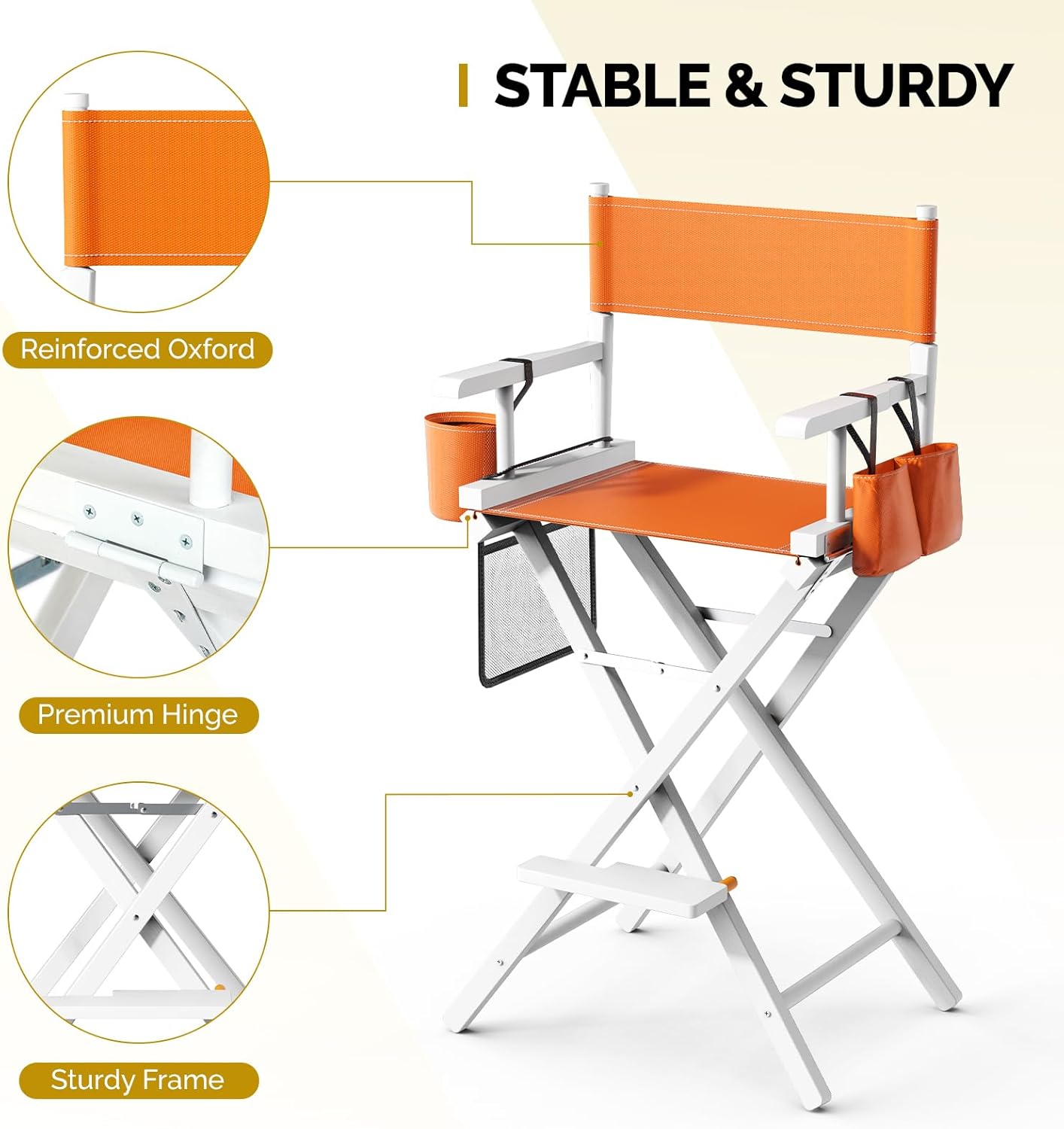 OmySalon Director's Chair 31" Height Folding Portable w/Storage Pouch & Footrest, Makeup Artist Chair for Salon, Events, Mobile, 250lb Capacity, White Wood Frame & Orange Canvas Seat