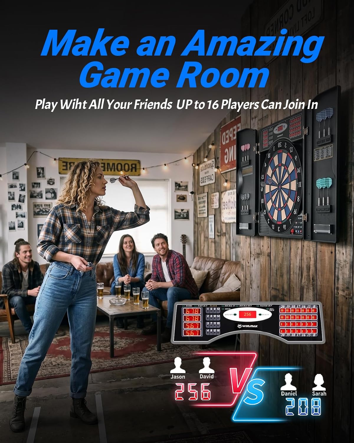 WIN.MAX Electronic Dart Board Cabinet Set for Adults, Black | LED Scoring, 38 Games & 211 Variants, Up to 16 Players, 12 Darts+40 Tips, Wall Mount for Home Bar Game Room Man Cave