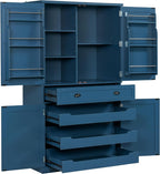 4 Doors Tall Pantry Cabinet with Adjustable Shelves and Drawer, Freestanding Cupboard with 6 Door Shelves and 3 Pull-Out Trays for Kitchen, Dining Room (Blue)
