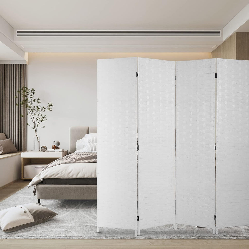 6ft Room Divider, 4 Panel Folding Privacy Screen with Hand-Woven Opaque Design, Extra Stable Wood Partition Wall, Freestanding Portable Separator for Home Office (White, 4 Panels)