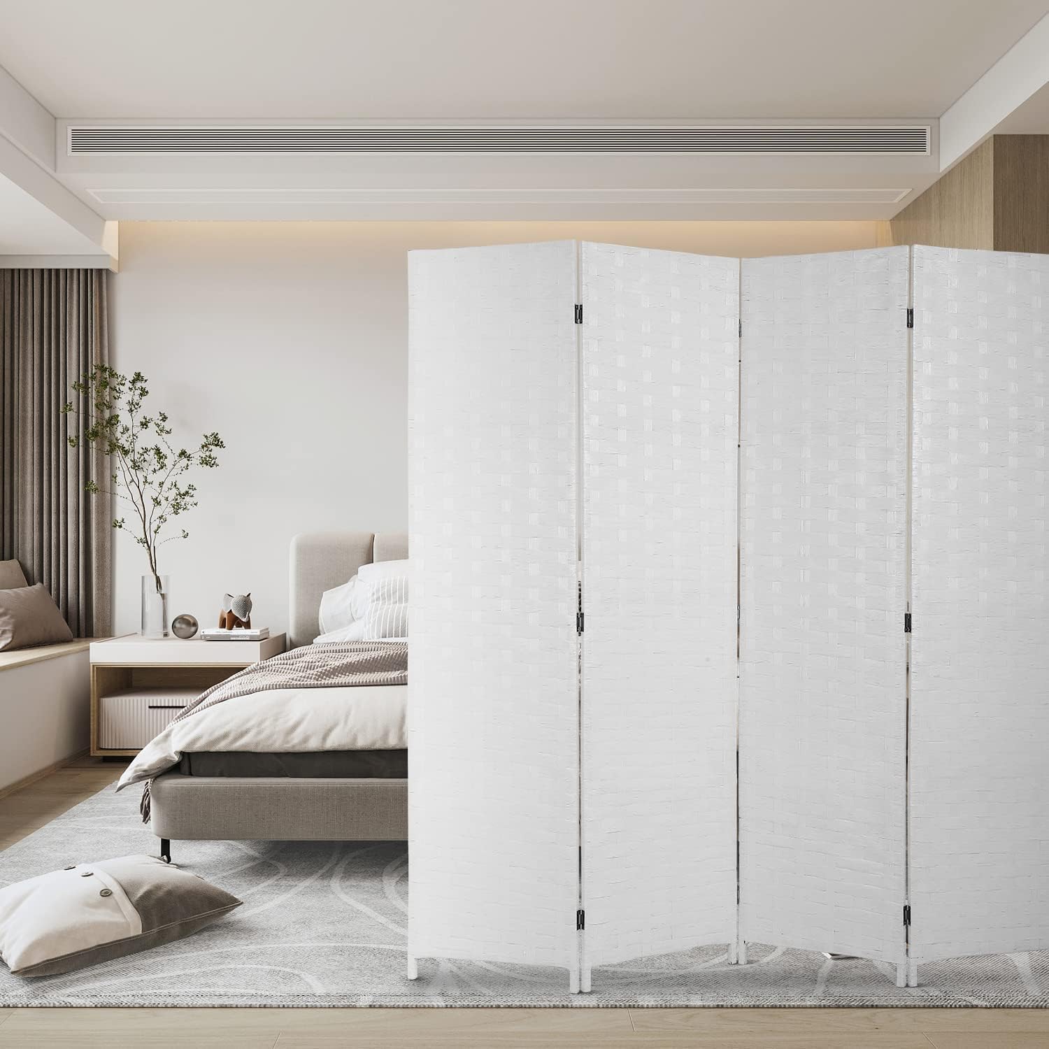 6ft Room Divider, 4 Panel Folding Privacy Screen with Hand-Woven Opaque Design, Extra Stable Wood Partition Wall, Freestanding Portable Separator for Home Office (White, 4 Panels)