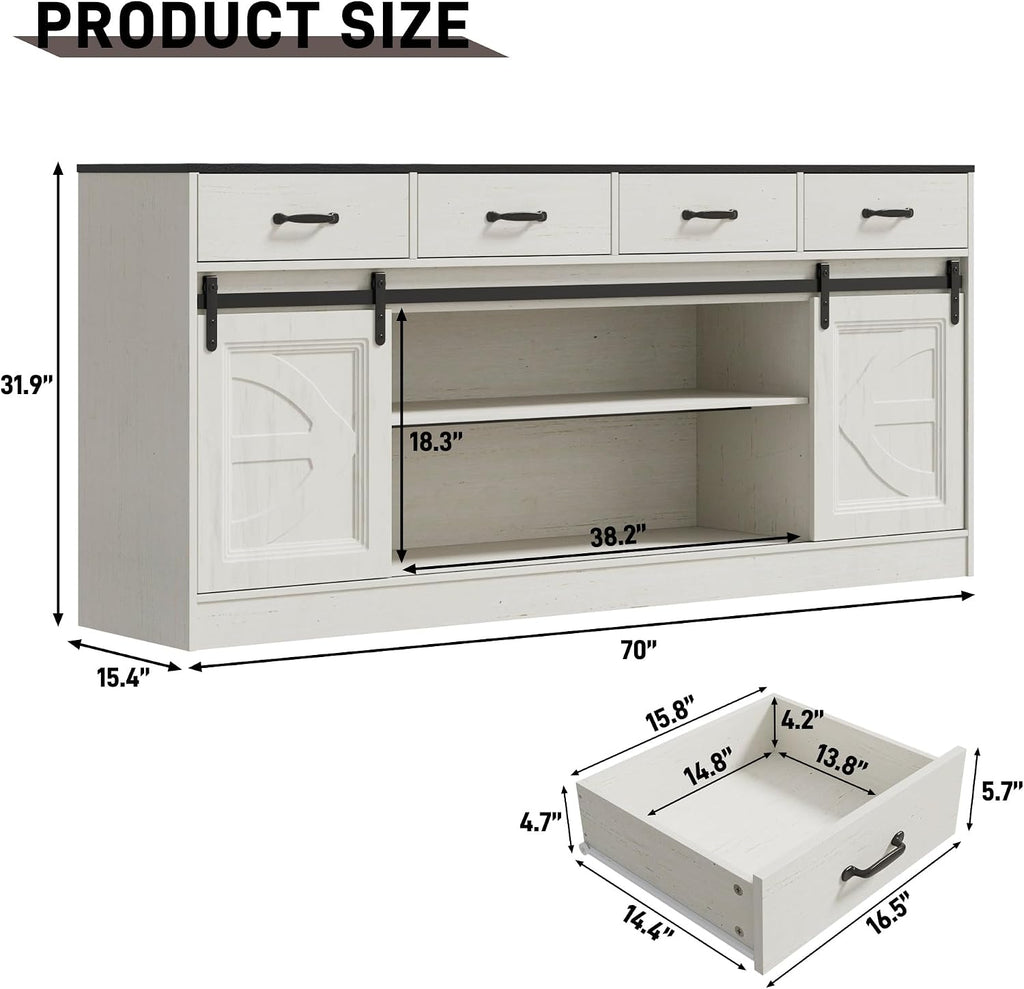 70” Large Buffet Sideboard Cabinet w/4 Drawer,Farmhouse Coffee Bar Cabinet Buffet with Storage,Sliding Door,Long Kitchen Buffet Table,Kitchen Sideboard Cabinet,Credenza for Dining Room,Off White