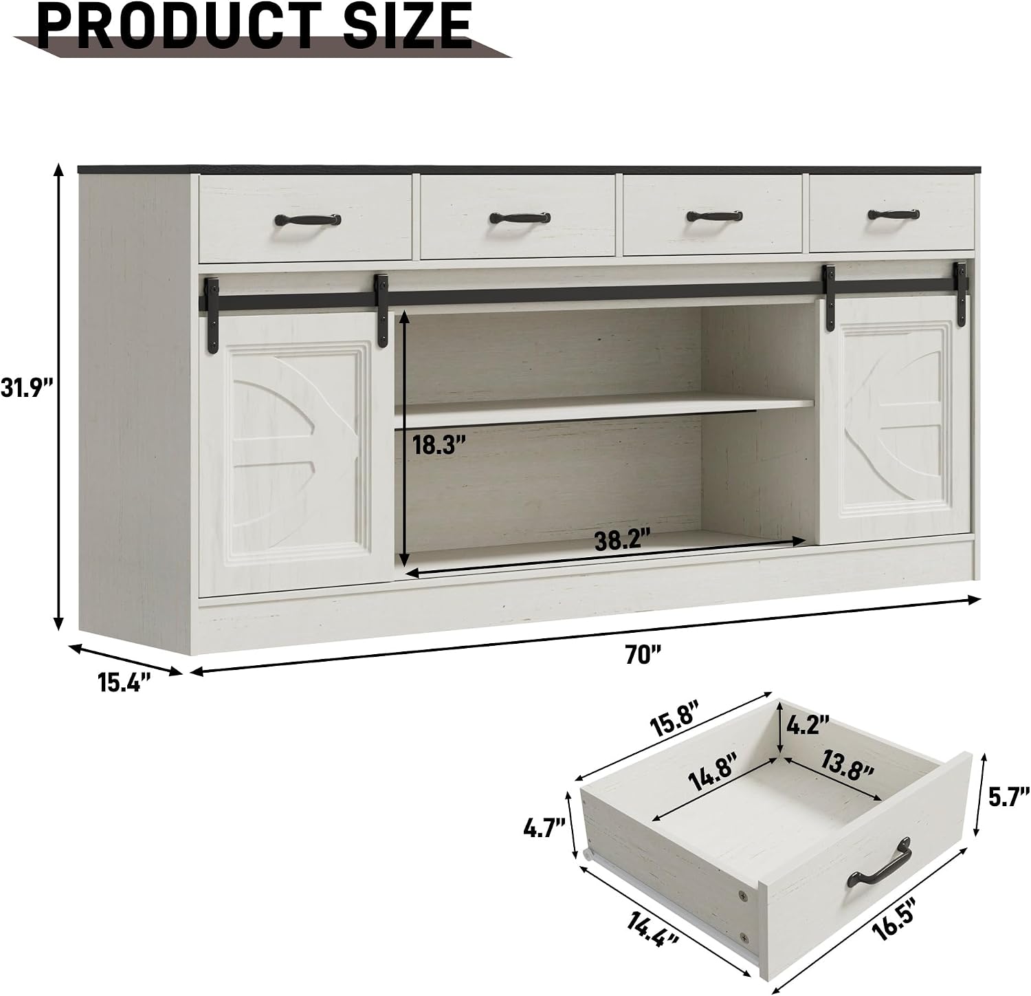 70” Large Buffet Sideboard Cabinet w/4 Drawer,Farmhouse Coffee Bar Cabinet Buffet with Storage,Sliding Door,Long Kitchen Buffet Table,Kitchen Sideboard Cabinet,Credenza for Dining Room,Off White