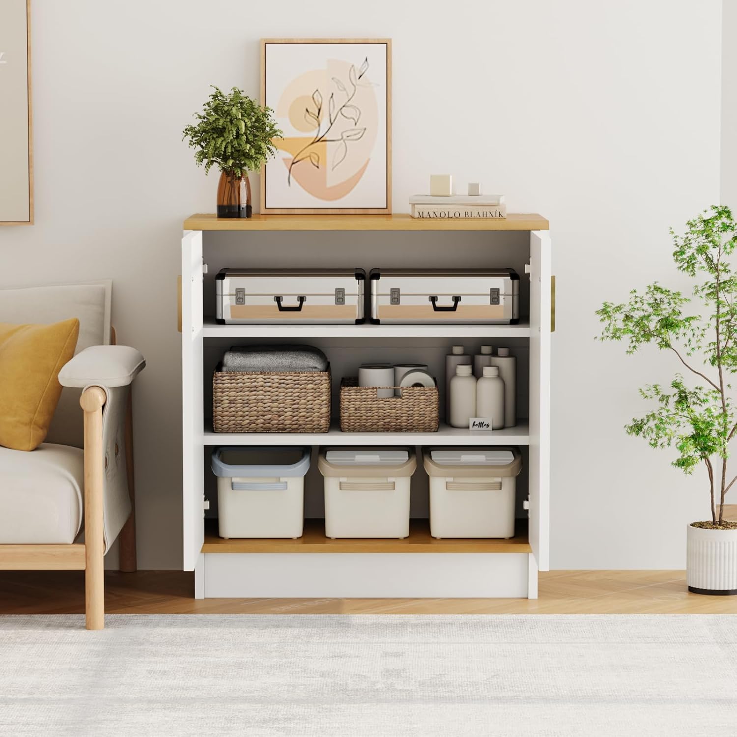 PROXRACER 32" Sideboard Buffet Cabinet with Storage, Adjustable Shelves & Shaker Doors, Rustic Storage Cabinet with Gold Handles for Kitchen, Dining Room, White